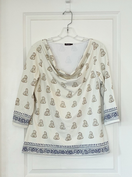 J. McLaughlin Tops - J. McLaughlin Printed Drape Neck Top Ivory Blue 3/4 Sleeve. Size Large